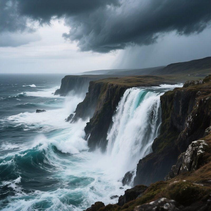 A Rugged Coastline Waterfall Dropping Directly Into Turbulent Sea Waves, Storm Clouds Gathering