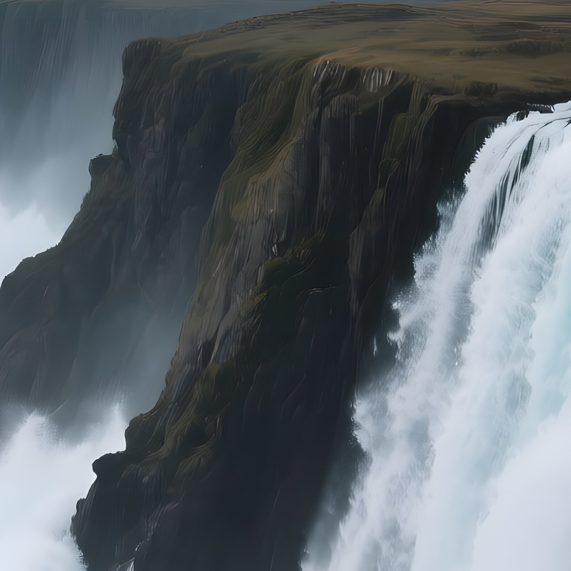 A Rugged Coastline Waterfall Dropping Directly Into Turbulent Sea Waves, Storm Clouds Gathering - Full Resolution Quality Preview