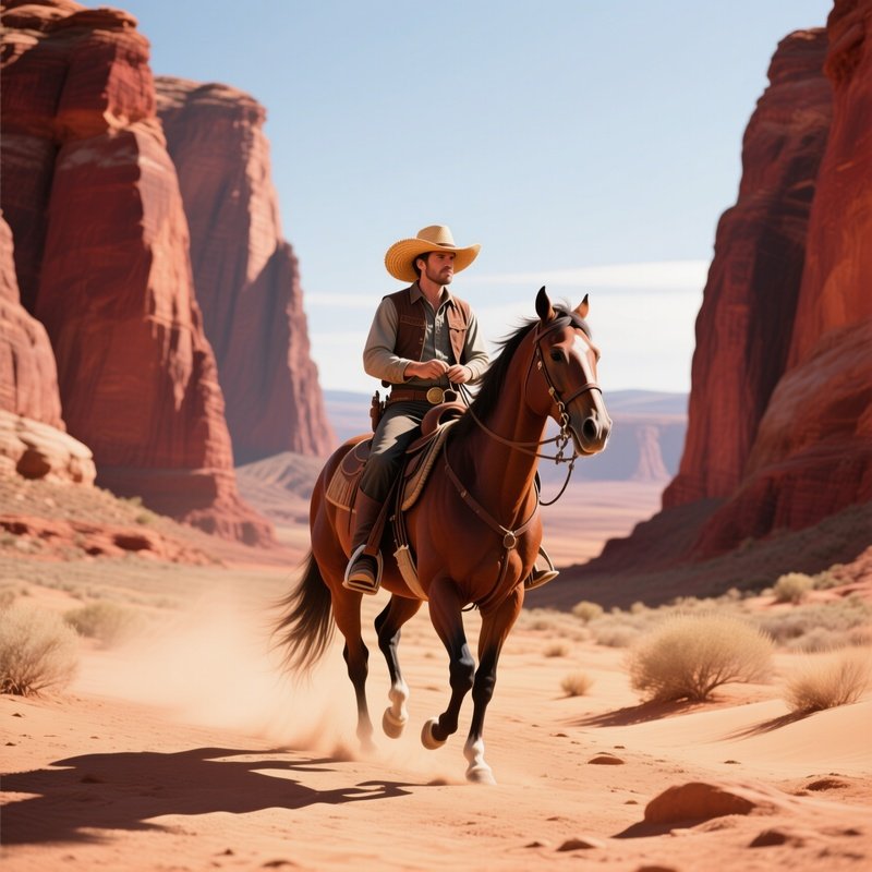 A Rugged Cowboy Wearing A Wide‑Brimmed Straw Hat Rides His Horse Across A Sun‑Bleached Desert