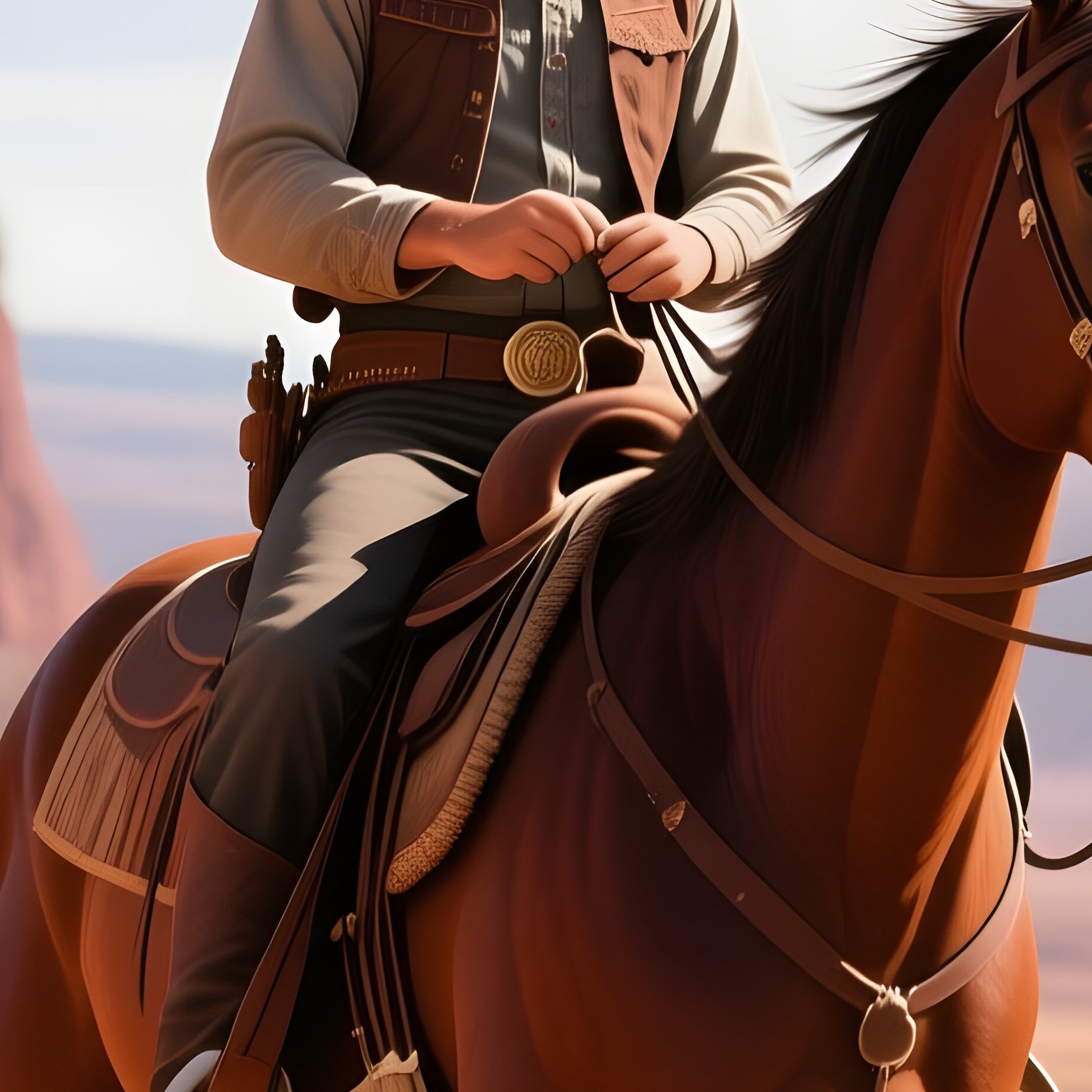 A Rugged Cowboy Wearing A Wide‑Brimmed Straw Hat Rides His Horse Across A Sun‑Bleached Desert - Full Resolution Quality Preview