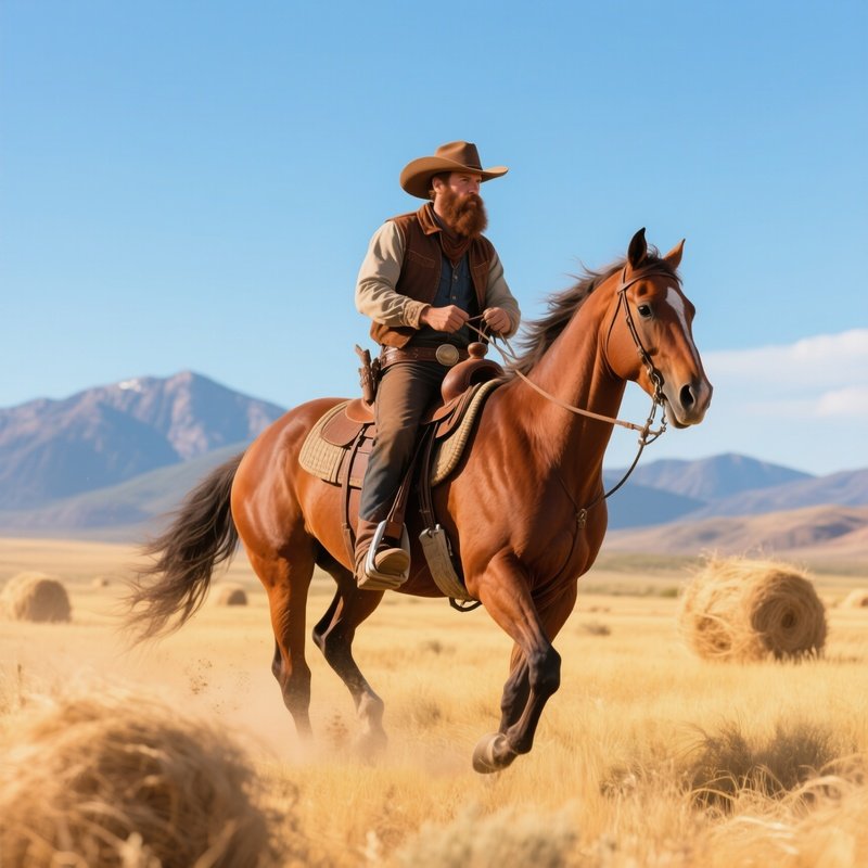 A Rugged Cowboy With A Dusty Brown Beard Rides A Chestnut Horse Across A Golden Prairie At Midday,