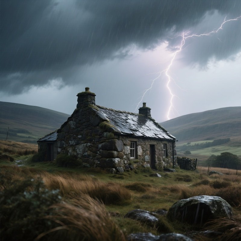 A Rugged Farmhouse Built From Rough Fieldstone Stands On A Windswept Moor Under A Stormy Sky, Rain