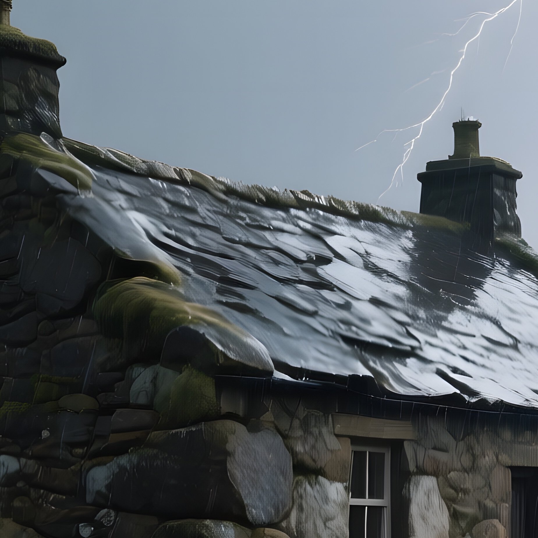 A Rugged Farmhouse Built From Rough Fieldstone Stands On A Windswept Moor Under A Stormy Sky, Rain - Full Resolution Quality Preview