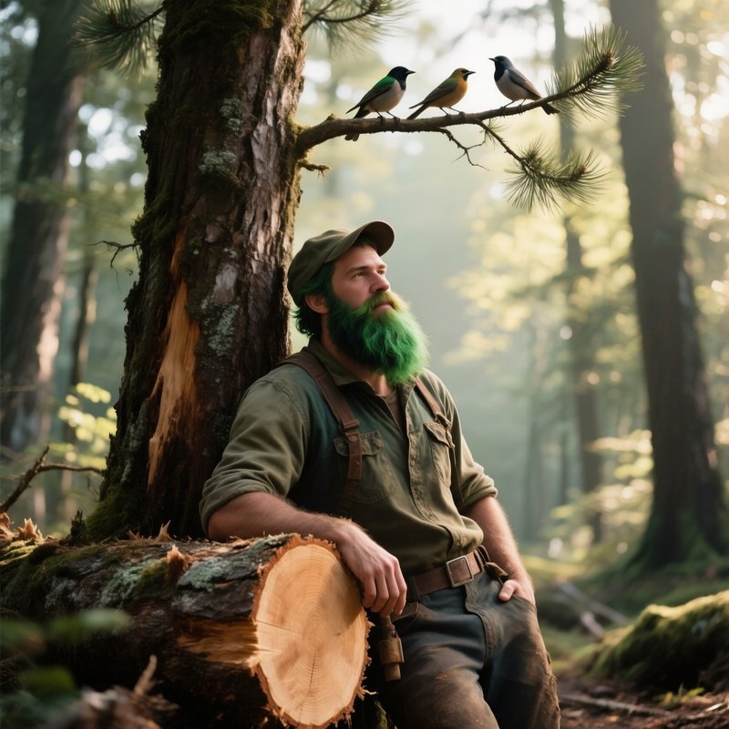 A Rugged Lumberjack With A Dense Pine‑Green Dyed Beard Leans Against A Freshly Cut Tree Trunk In A