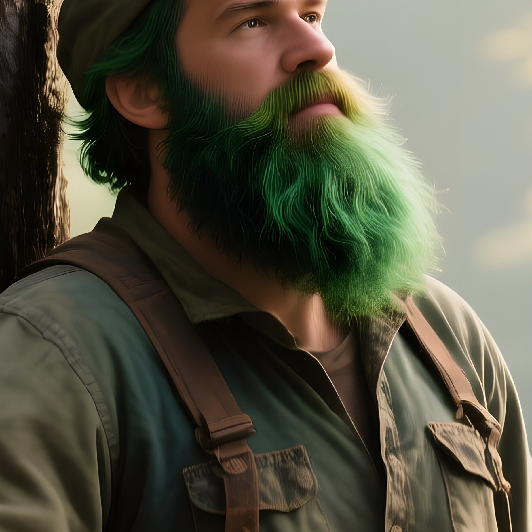 A Rugged Lumberjack With A Dense Pine‑Green Dyed Beard Leans Against A Freshly Cut Tree Trunk In A - Full Resolution Quality Preview