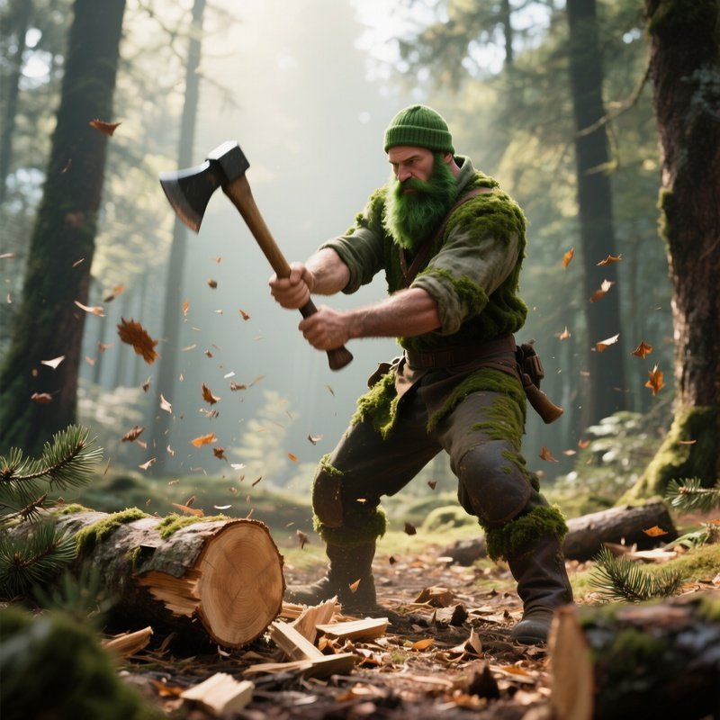 A Rugged Lumberjack With A Moss‑Green Tinted Beard Swings An Axe In A Sunlit Forest Clearing,