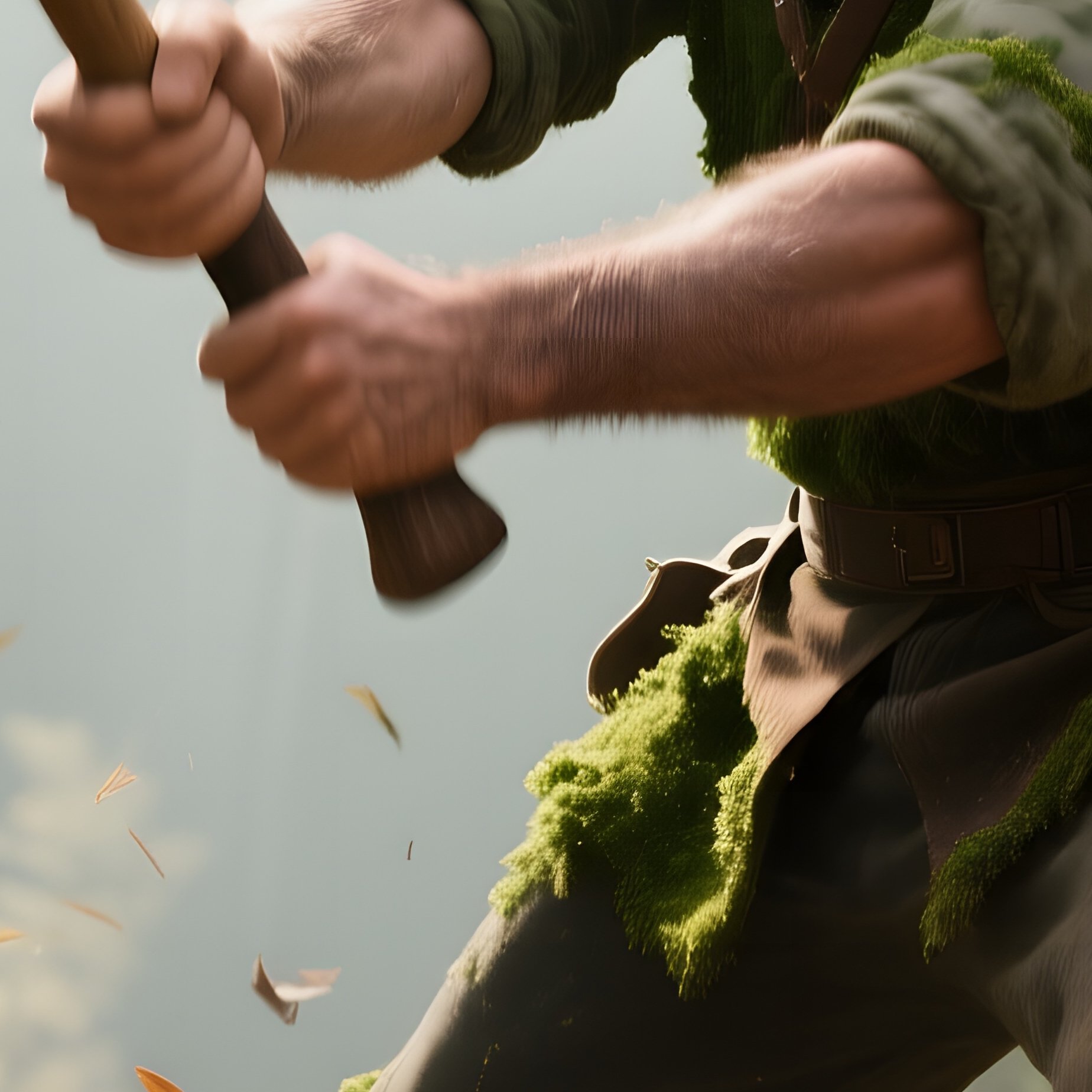 A Rugged Lumberjack With A Moss‑Green Tinted Beard Swings An Axe In A Sunlit Forest Clearing, - Full Resolution Quality Preview