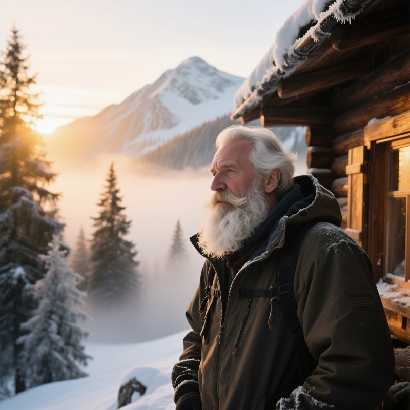 A Rugged Mountain Guide With A Thick, Snow‑Capped White Beard Stands Beside A Wooden Cabin At