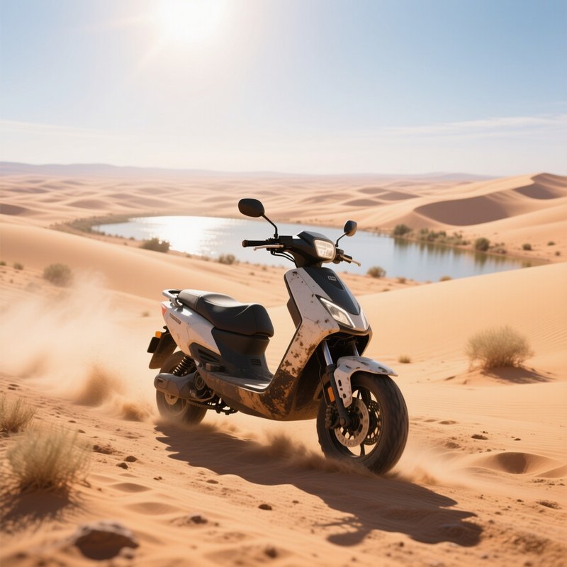 A Rugged Off‑Road Scooter Navigating A Dusty Desert Trail Under A Scorching Midday Sun, Dunes