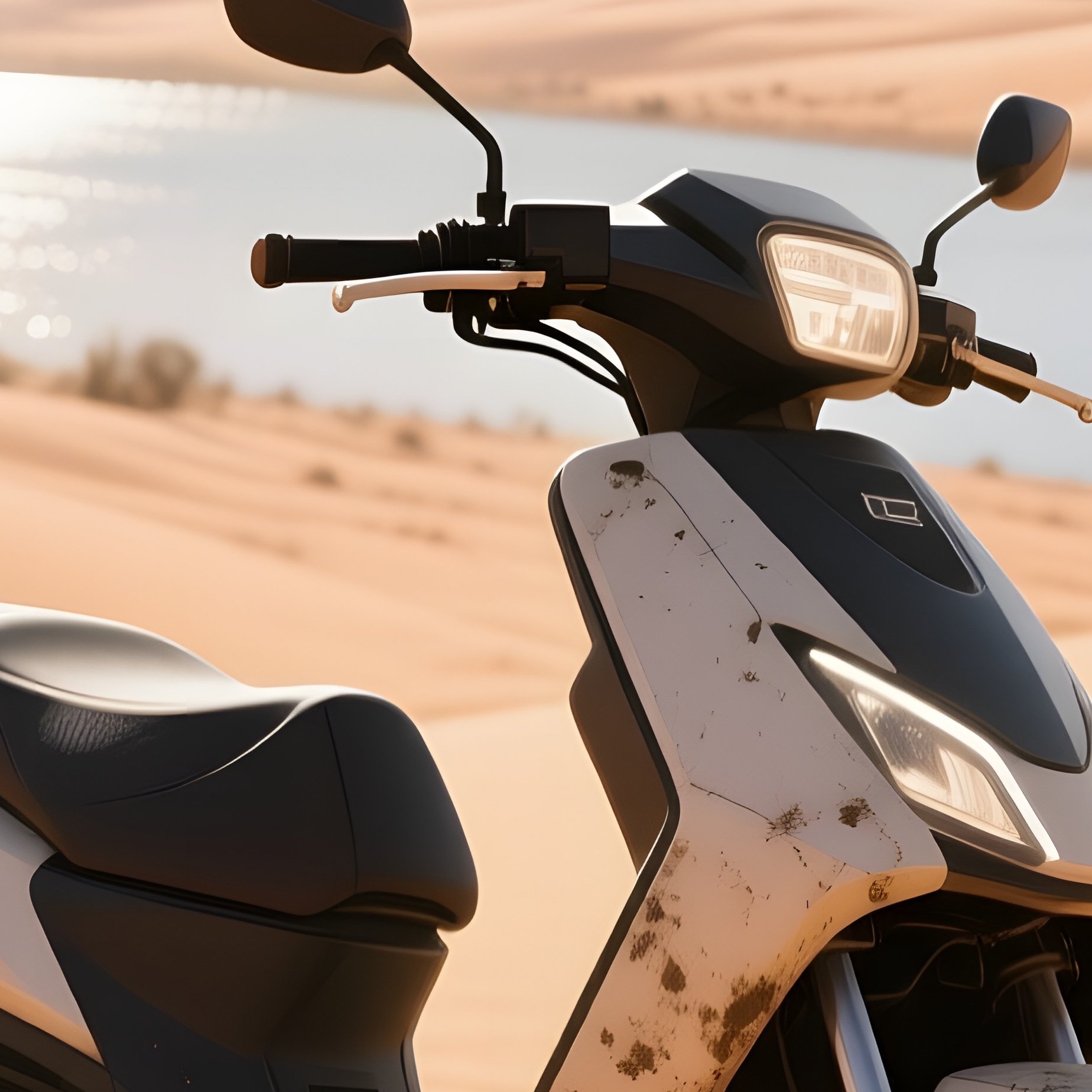 A Rugged Off‑Road Scooter Navigating A Dusty Desert Trail Under A Scorching Midday Sun, Dunes - Full Resolution Quality Preview