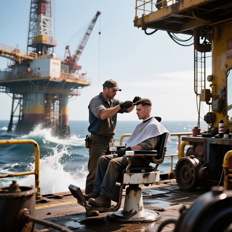 A Rugged Oil Rig Platform Under Harsh Daylight; A Worker Gets A Practical Buzz Cut In A Makeshift