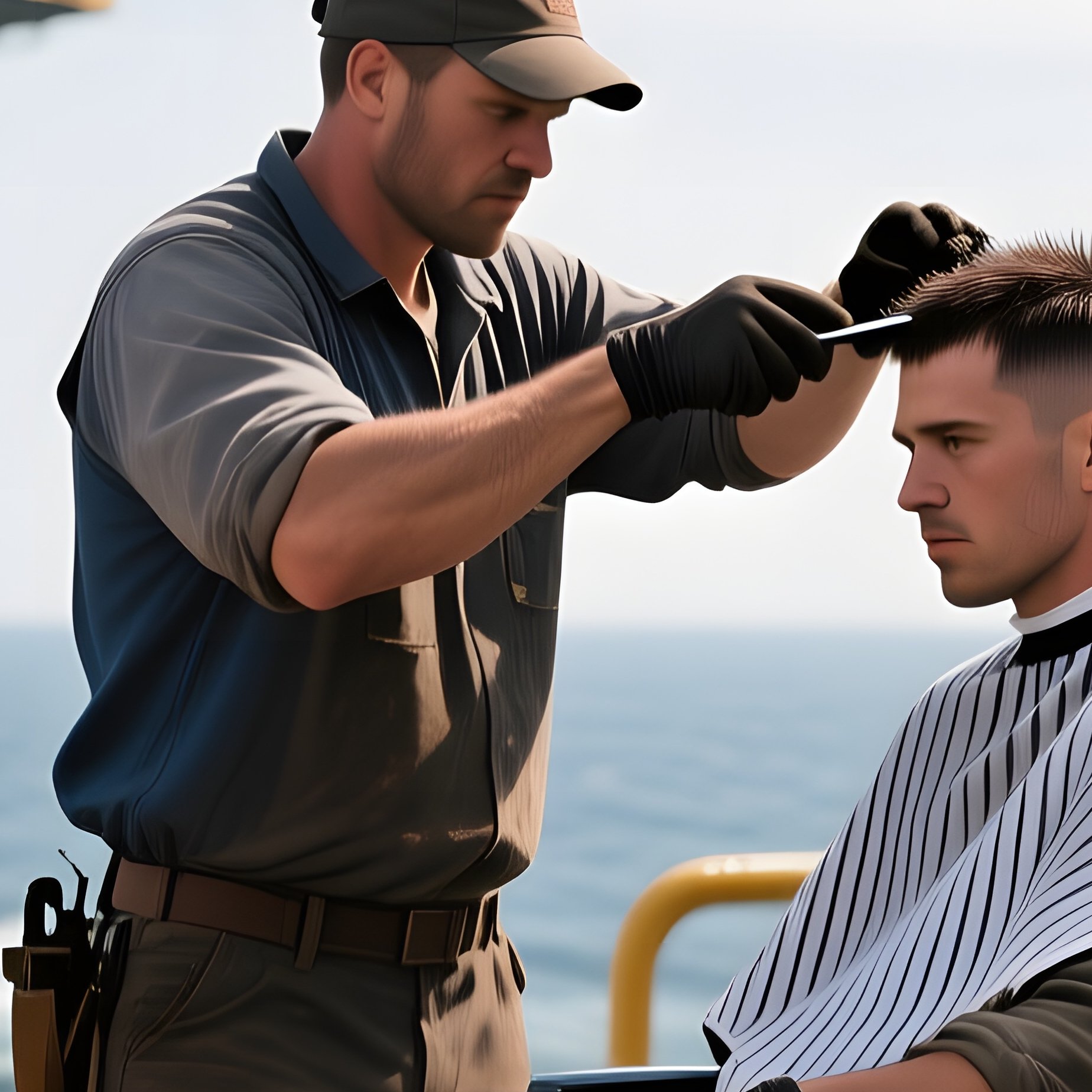 A Rugged Oil Rig Platform Under Harsh Daylight; A Worker Gets A Practical Buzz Cut In A Makeshift - Full Resolution Quality Preview