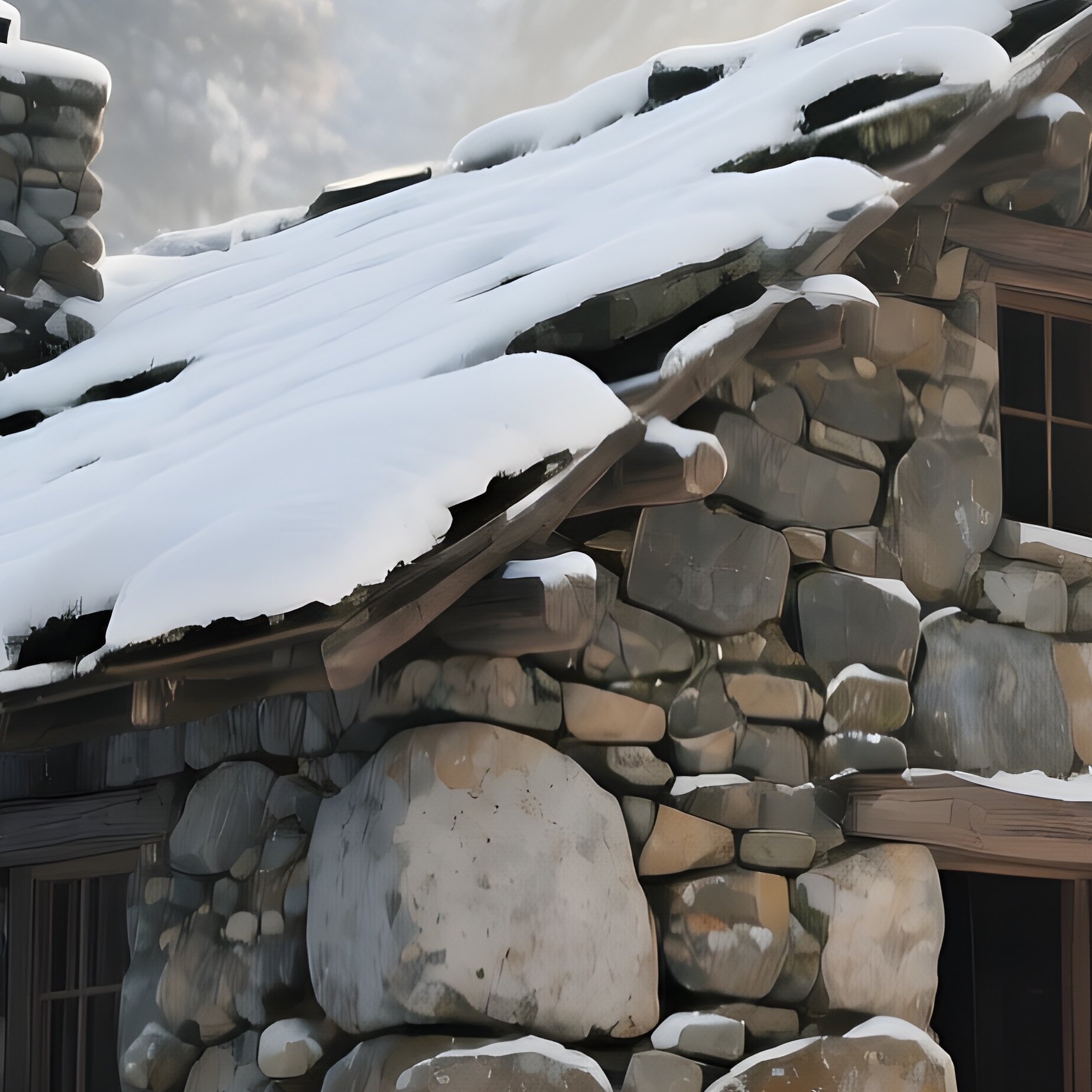 A Rugged Stone Cabin Constructed From Weathered Fieldstones Stands Amid A Dense Pine Forest After A - Full Resolution Quality Preview