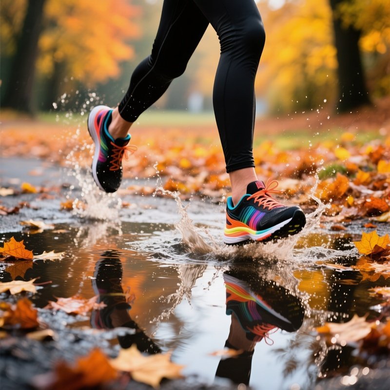A Runners Feet Stepping Into A Puddle Running Autumn