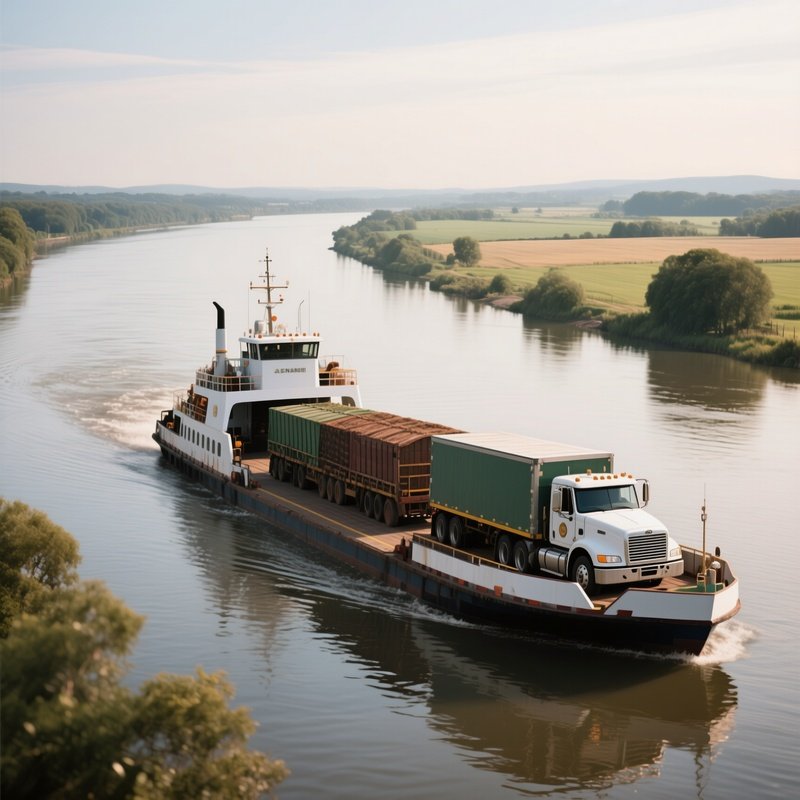A Rural Ferry Carrying Farm Trucks Across A Wide River