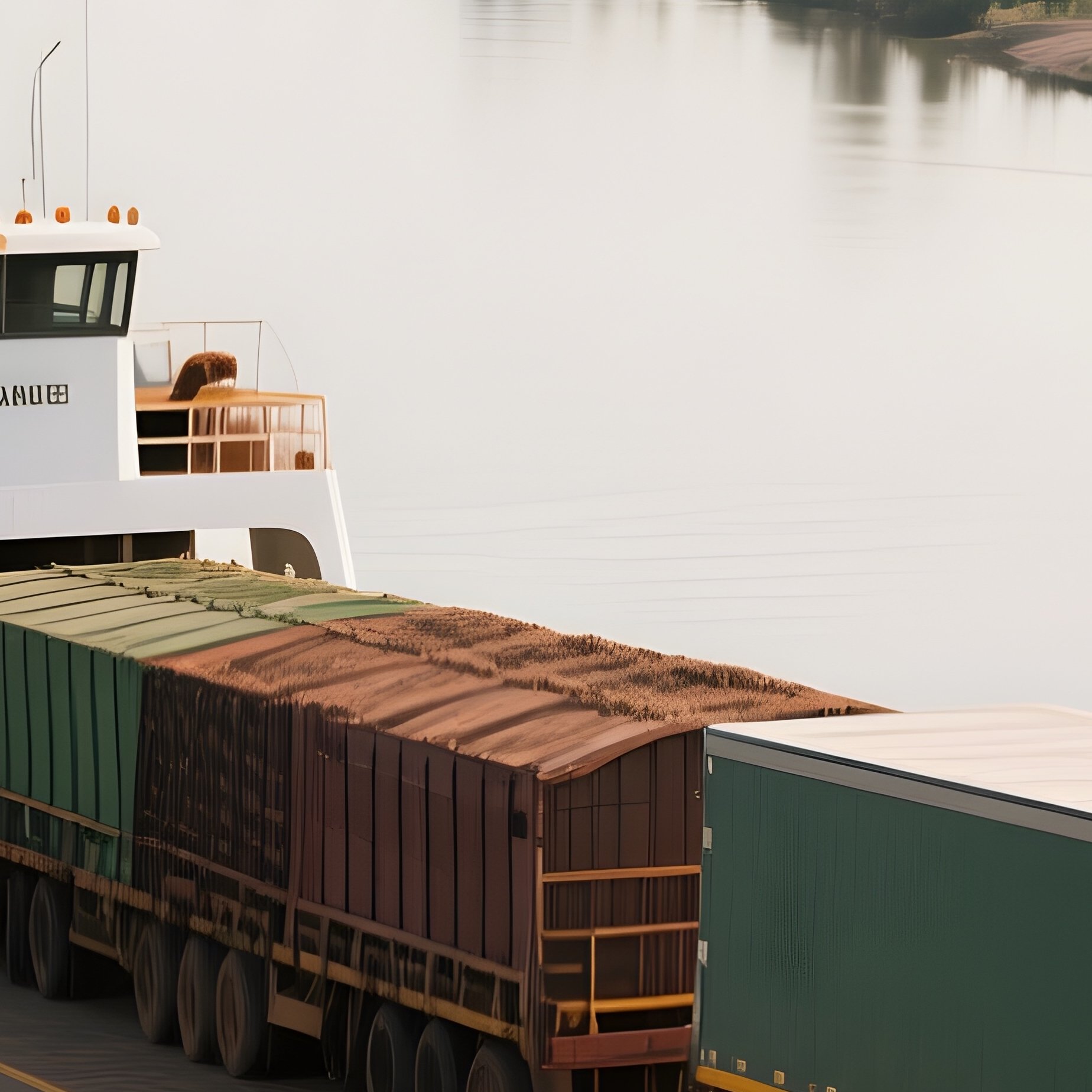 A Rural Ferry Carrying Farm Trucks Across A Wide River - Full Resolution Quality Preview