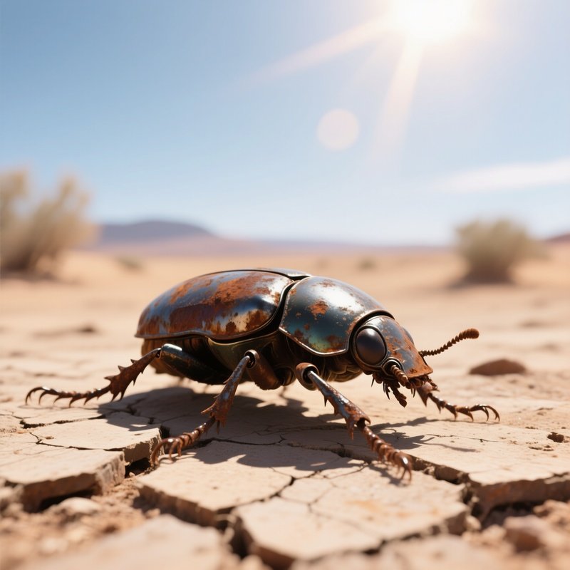 A Rusted Iron Beetle Crawling Over Cracked Desert Pavement Under A Scorching Sun, Heat Haze