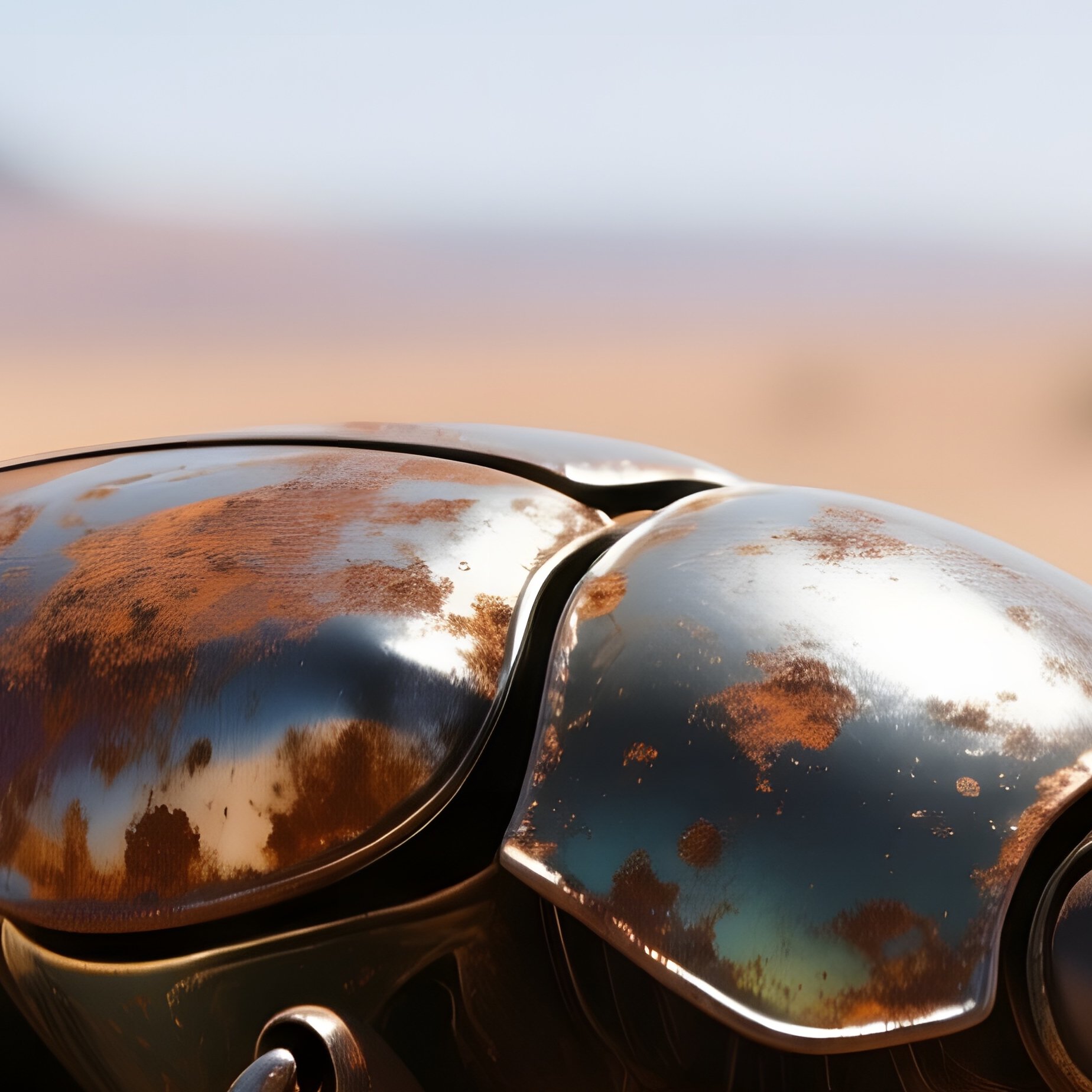 A Rusted Iron Beetle Crawling Over Cracked Desert Pavement Under A Scorching Sun, Heat Haze - Full Resolution Quality Preview