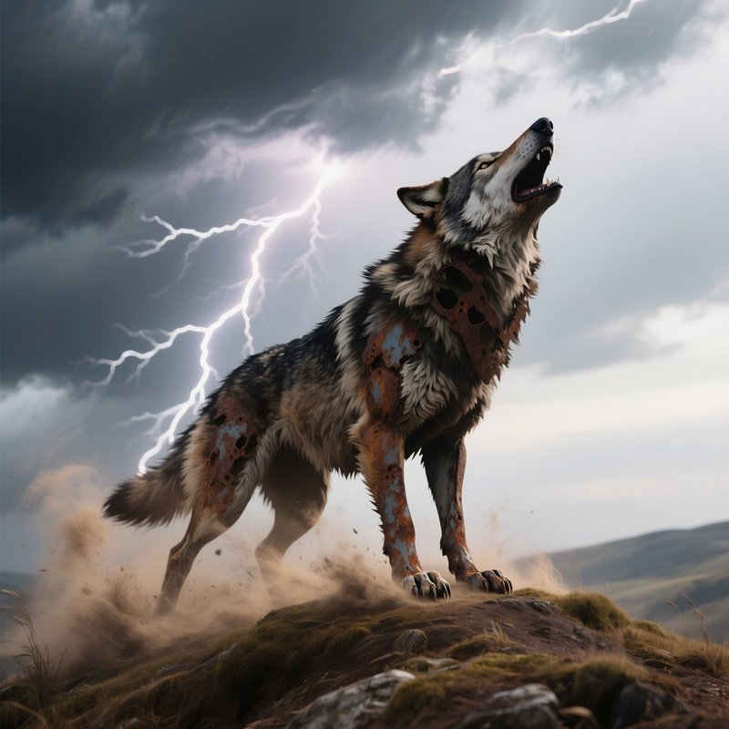 A Rusted Iron Wolf Howling Atop A Wind‑Swept Hill Under Storm Clouds, Lightning Striking Behind It,