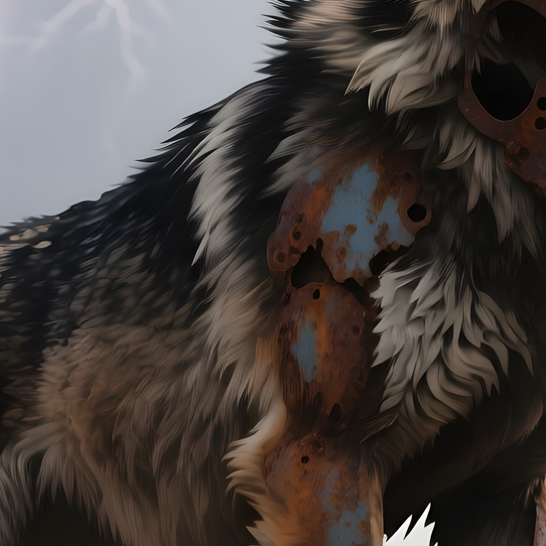 A Rusted Iron Wolf Howling Atop A Wind‑Swept Hill Under Storm Clouds, Lightning Striking Behind It, - Full Resolution Quality Preview