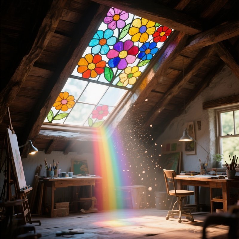 A Rustic Attic Studio With A Skylight Made Of Multicolored Glass Flowers, Bathing The Space In Soft