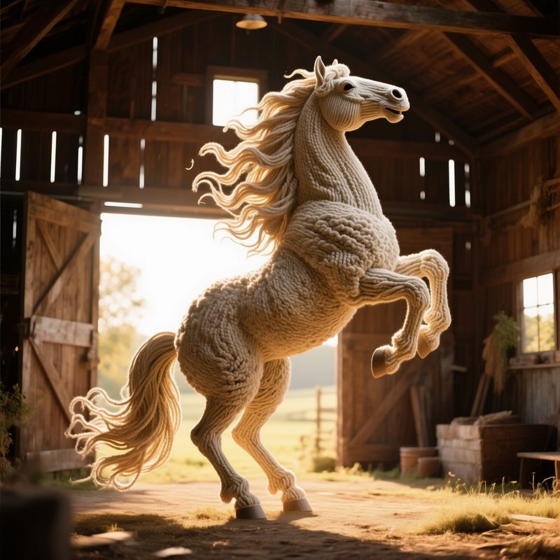 A Rustic Barn Interior Bathed In Golden Afternoon Sun, Featuring A Massive Wool Sculpture Of A