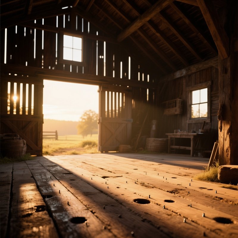A Rustic Barn Interior Illuminated By Golden Hour Light Through Slatted Windows, Casting Long