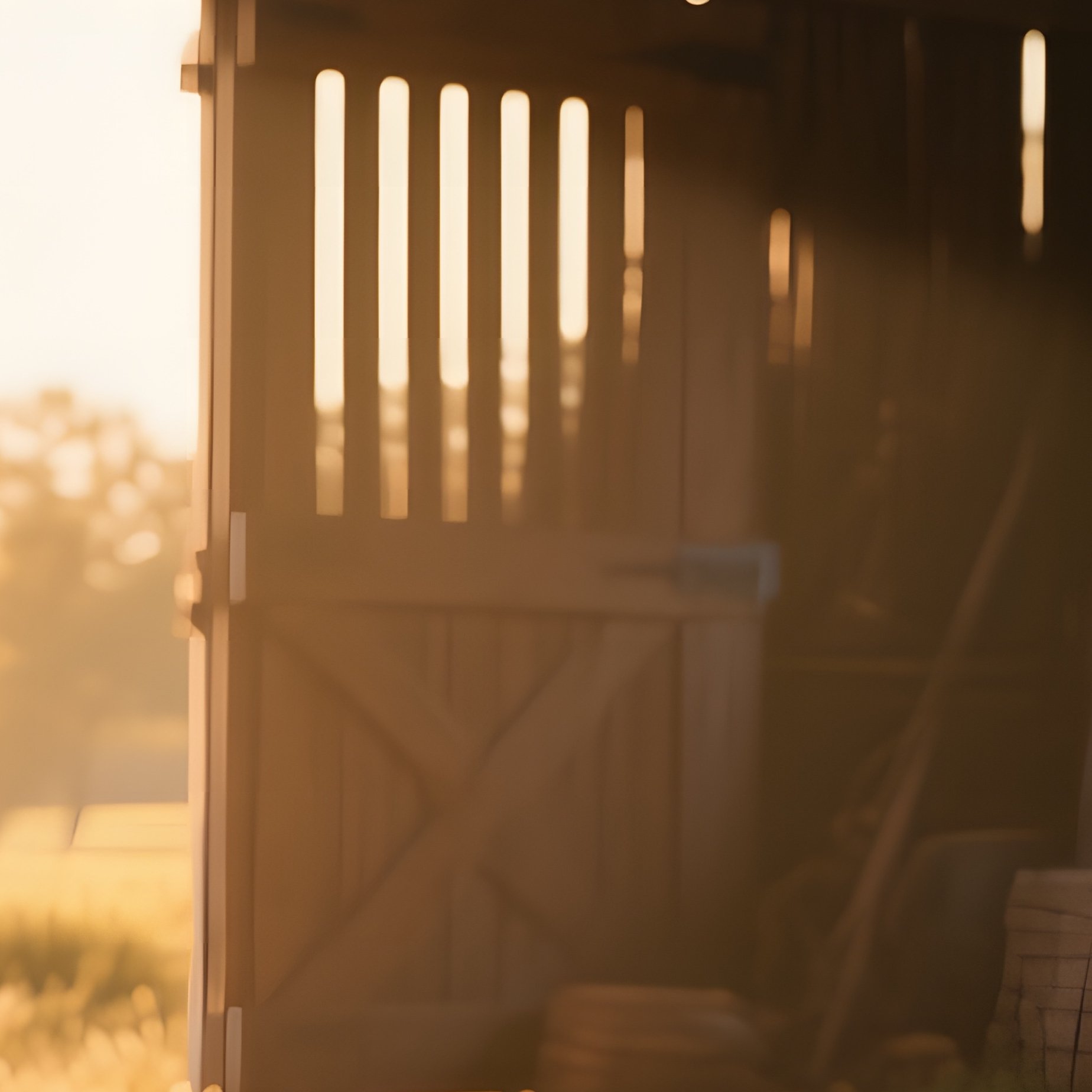 A Rustic Barn Interior Illuminated By Golden Hour Light Through Slatted Windows, Casting Long - Full Resolution Quality Preview