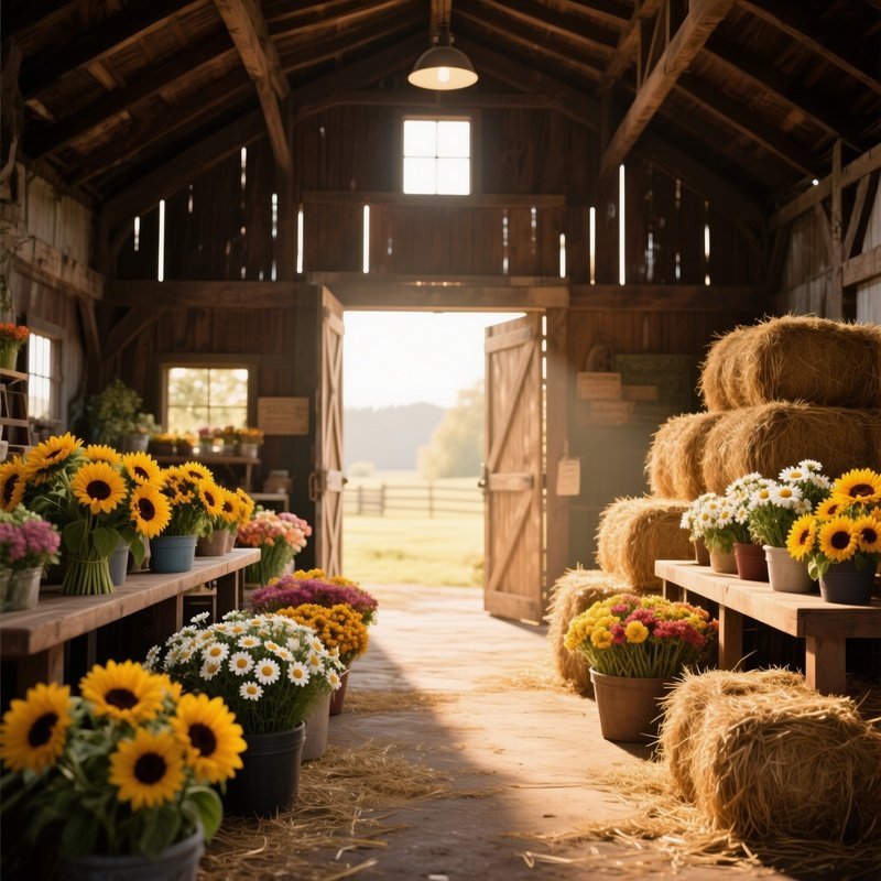 A Rustic Barn Interior Transformed Into A Flower Market, Hay Bales Stacked Beside Tables Laden With