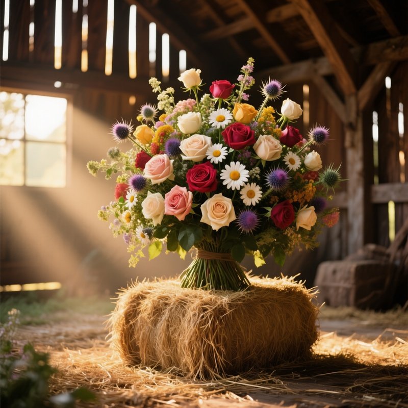 A Rustic Barn Interior Where A Hay Bale Supports A Massive Bouquet Of Mixed Garden Roses, Daisies,