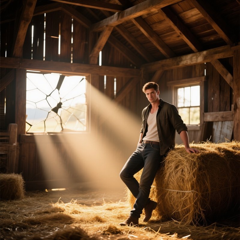 A Rustic Barn Interior With Wooden Beams, A Male Model Leaning Against A Hay Bale, Golden Shafts Of