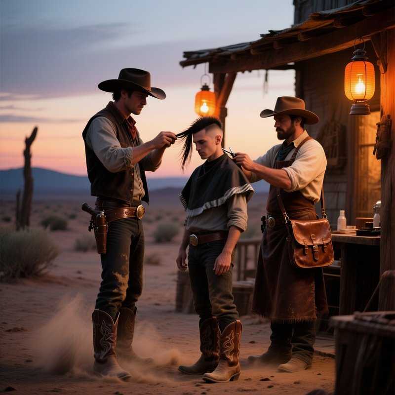 A Rustic Desert Outpost At Dusk, Lanterns Casting Orange Glows; A Cowboy In Dust‑Covered Boots Gets