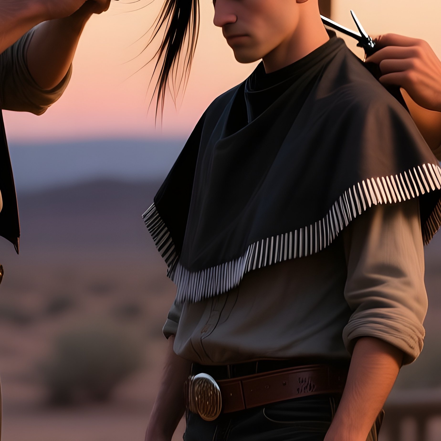 A Rustic Desert Outpost At Dusk, Lanterns Casting Orange Glows; A Cowboy In Dust‑Covered Boots Gets - Full Resolution Quality Preview