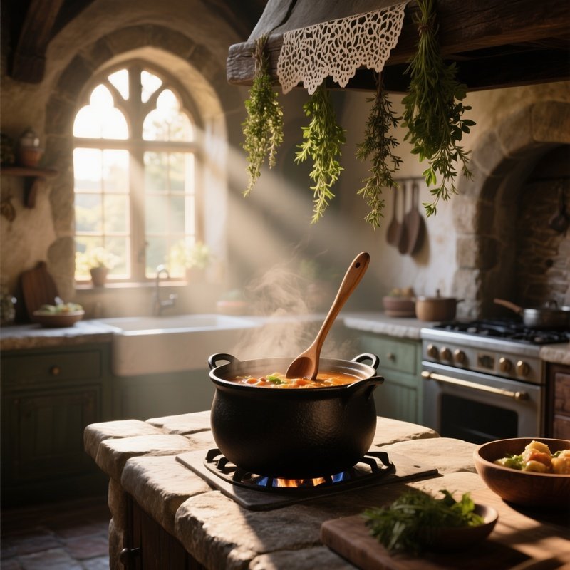 A Rustic European Kitchen At Dawn, Sunbeams Streaming Through Arched Windows Onto A Stone
