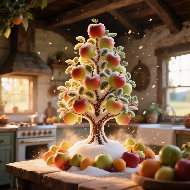 A Rustic Farmhouse Kitchen Bathed In Late Afternoon Light, Where A Towering Sugar Sculpture Of An