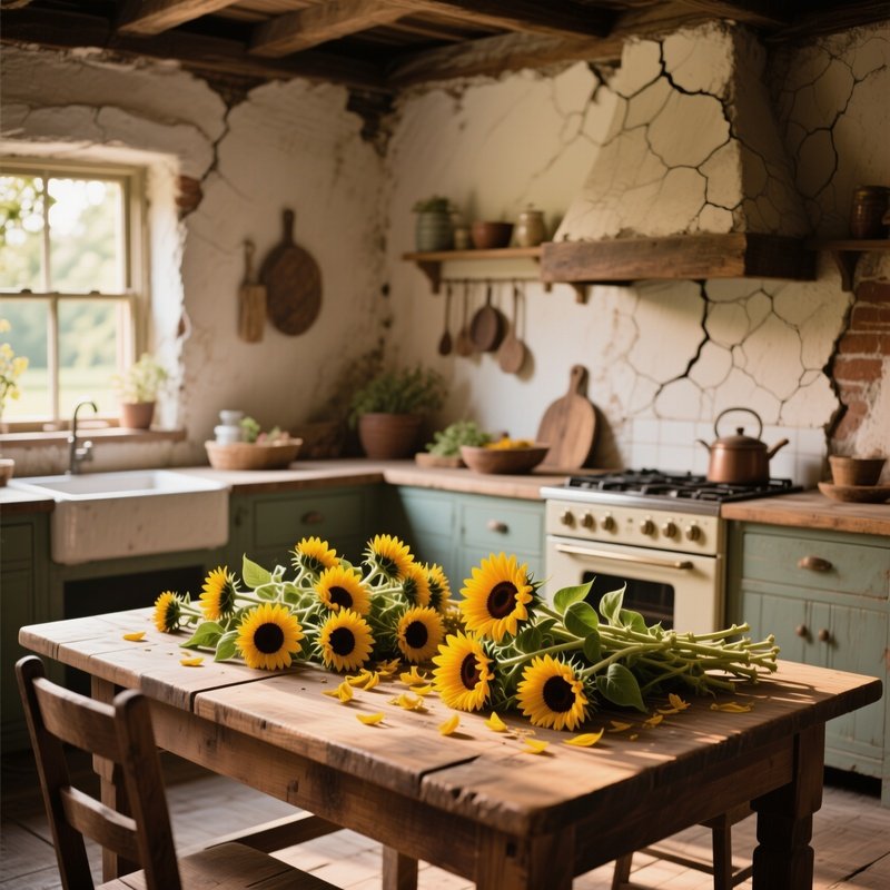 A Rustic Farmhouse Kitchen With A Wooden Table Strewn With Freshly Picked Sunflowers, Cracked