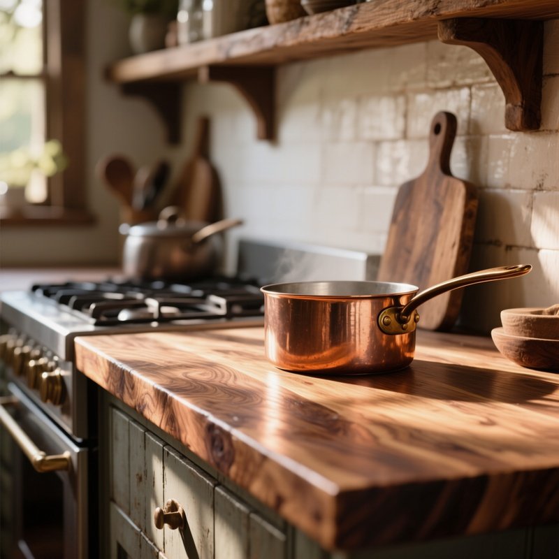 A Rustic Kitchen Countertop Made Of Reclaimed Walnut, Polished To A Subtle Sheen, With Warm