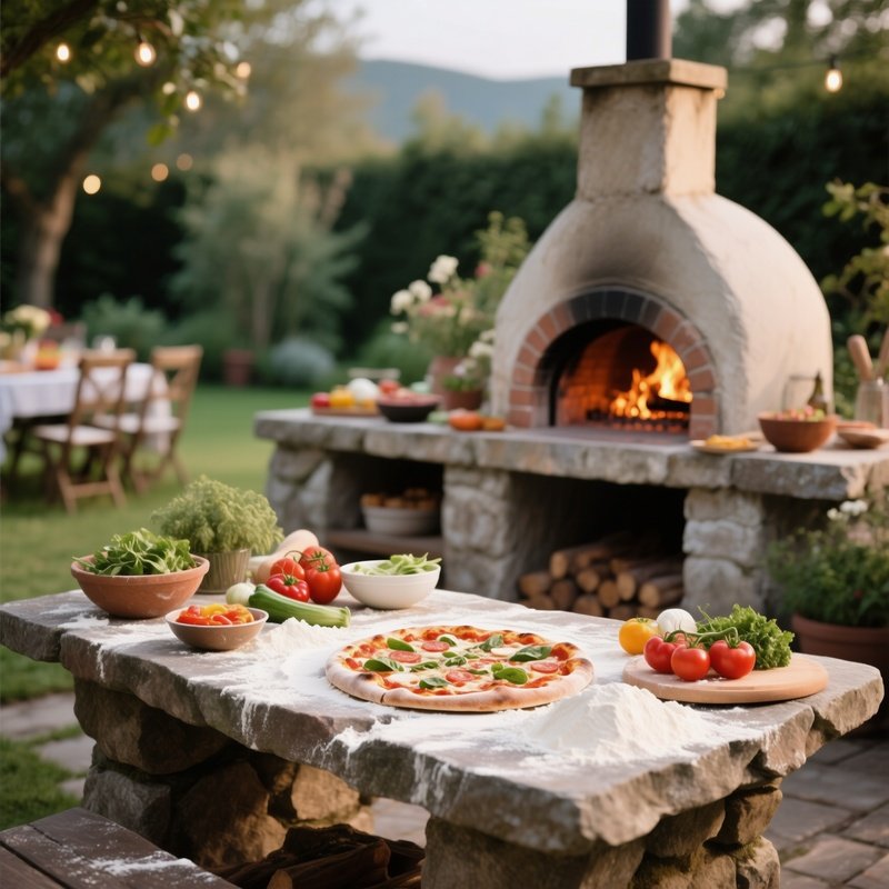 A Rustic Outdoor Pizza Oven Setup With A Stone Preparation Table, Covered In Flour And Fresh Toppings, Ready For A Garden Party.
