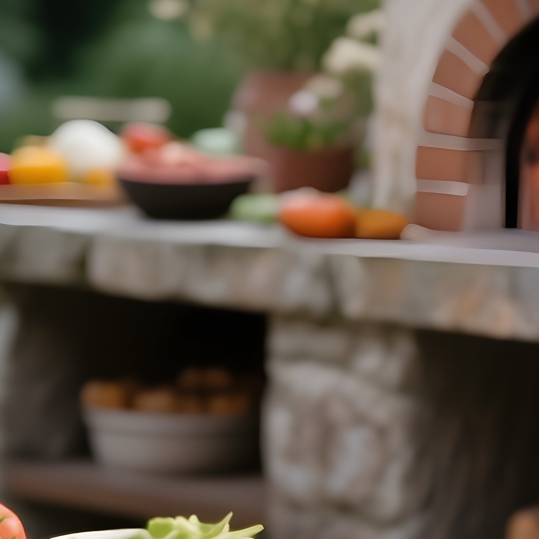 A Rustic Outdoor Pizza Oven Setup With A Stone Preparation Table, Covered In Flour And Fresh Toppings, Ready For A Garden Party. - Full Resolution Quality Preview