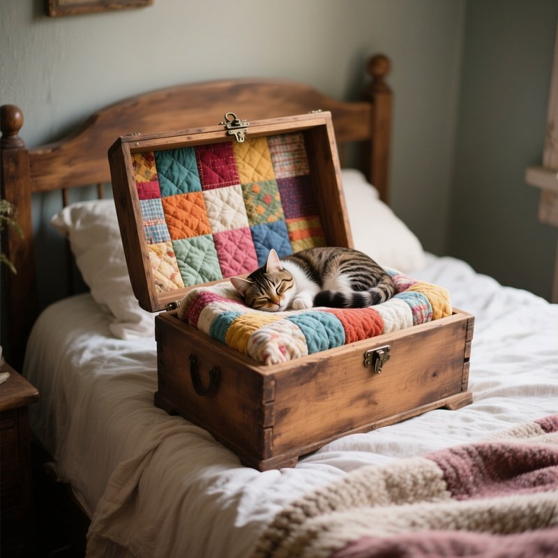 A Rustic Wooden Blanket Box Positioned At The End Of The Bed, Lid Open To Reveal Colorful Patchwork Quilts, With A Sleeping Cat Curled Up On The Top.