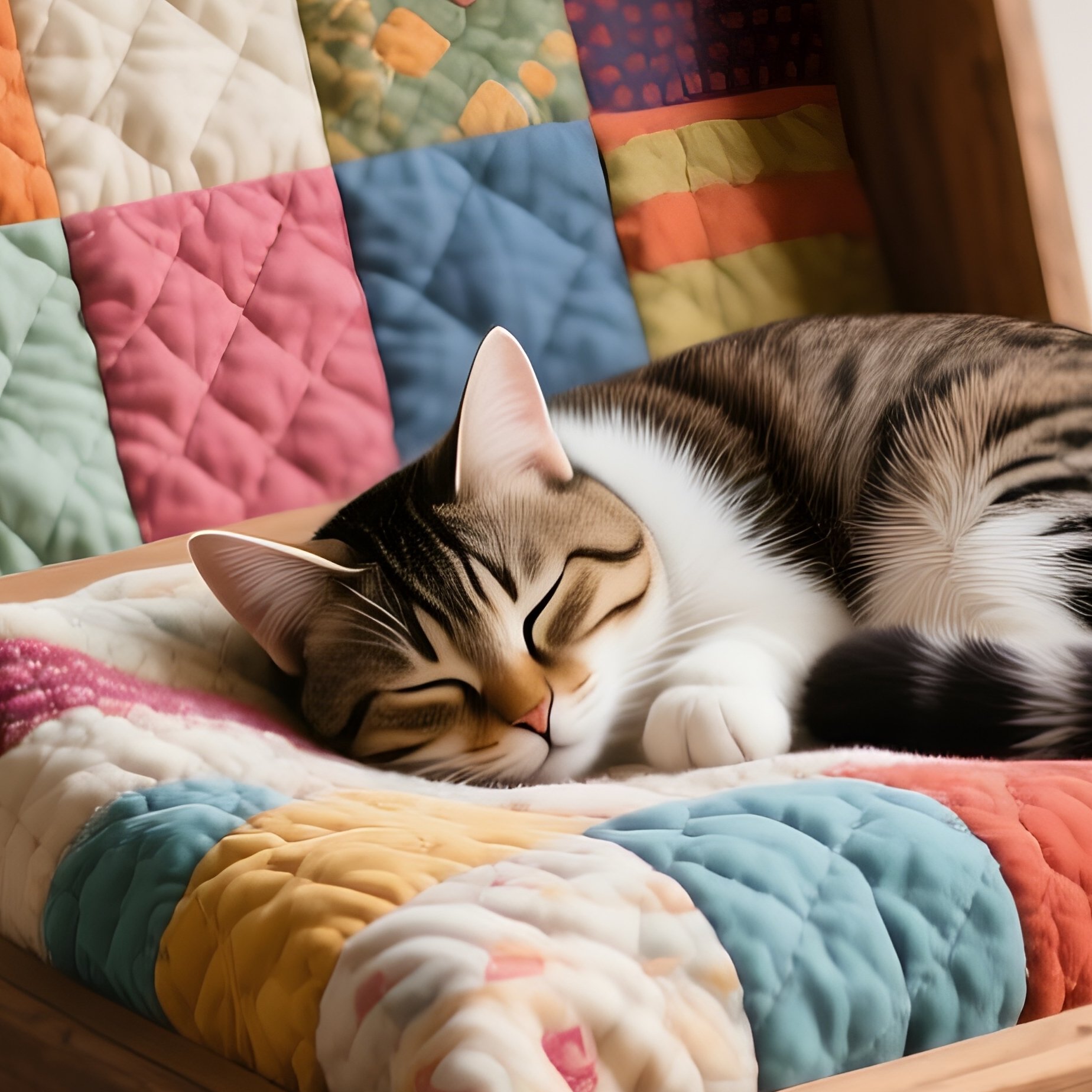 A Rustic Wooden Blanket Box Positioned At The End Of The Bed, Lid Open To Reveal Colorful Patchwork Quilts, With A Sleeping Cat Curled Up On The Top. - Full Resolution Quality Preview