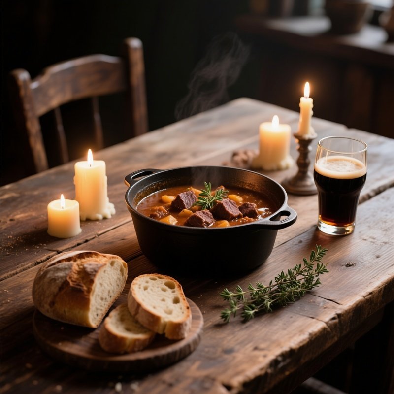 A Rustic Wooden Dining Table Bathed In Candlelight, Displaying A Hearty Beef Stew In A Cast‑Iron