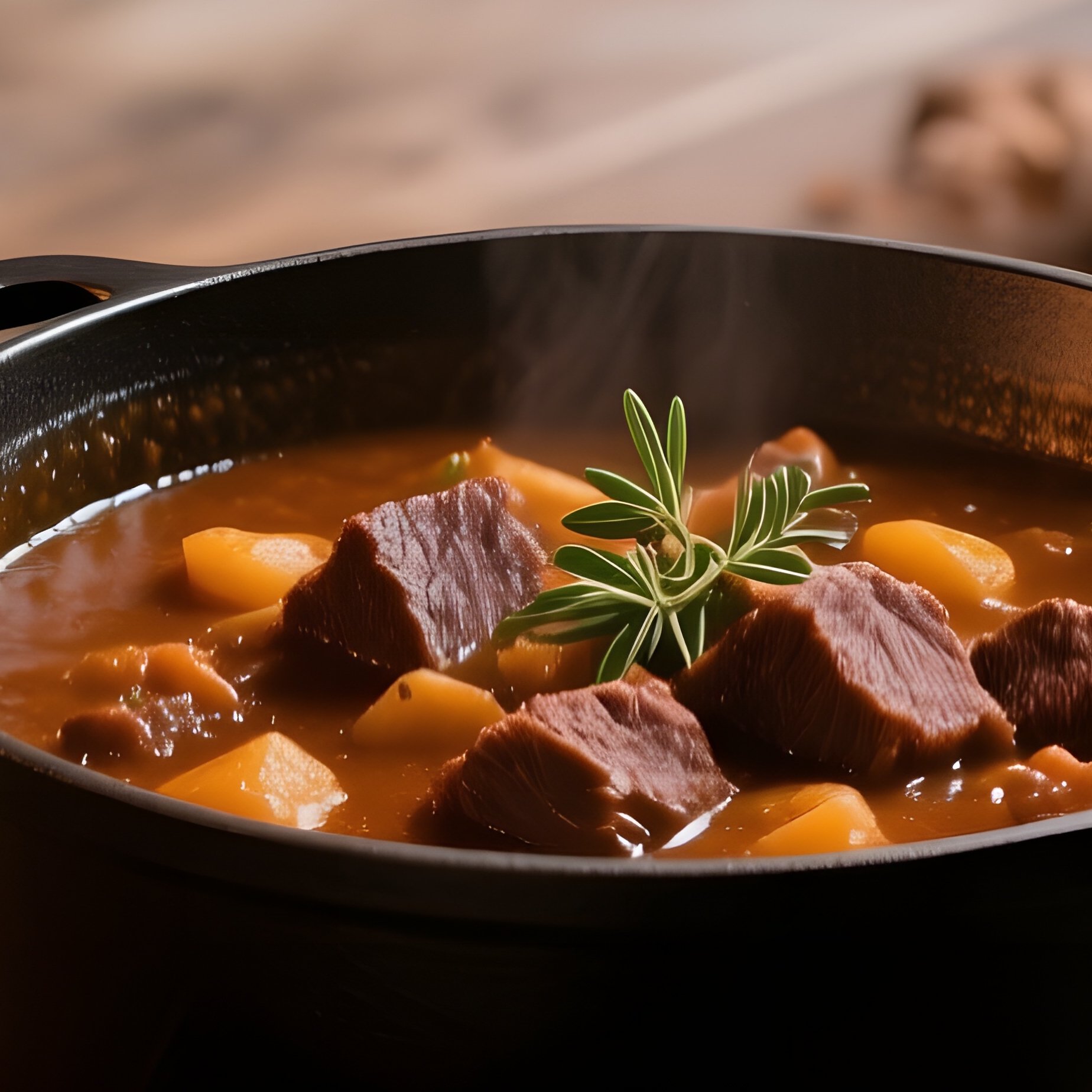 A Rustic Wooden Dining Table Bathed In Candlelight, Displaying A Hearty Beef Stew In A Cast‑Iron - Full Resolution Quality Preview