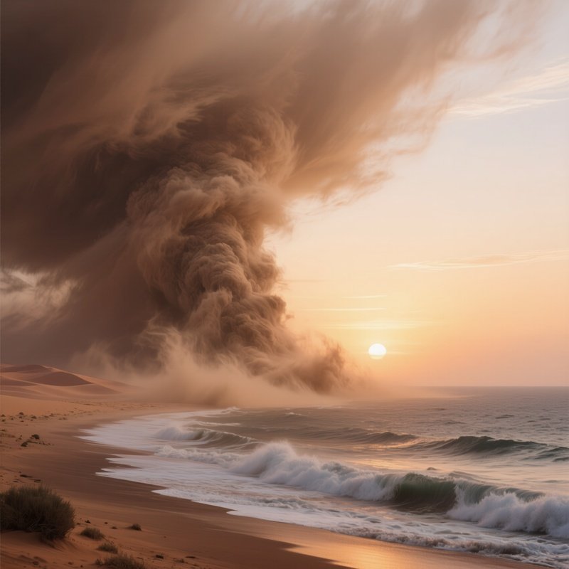 A Sahara Dust Storm Drifting Across Ocean Toward Sunset.