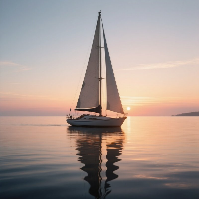 A Sailboat Casting Long Shadows On Calm Water At Sunset