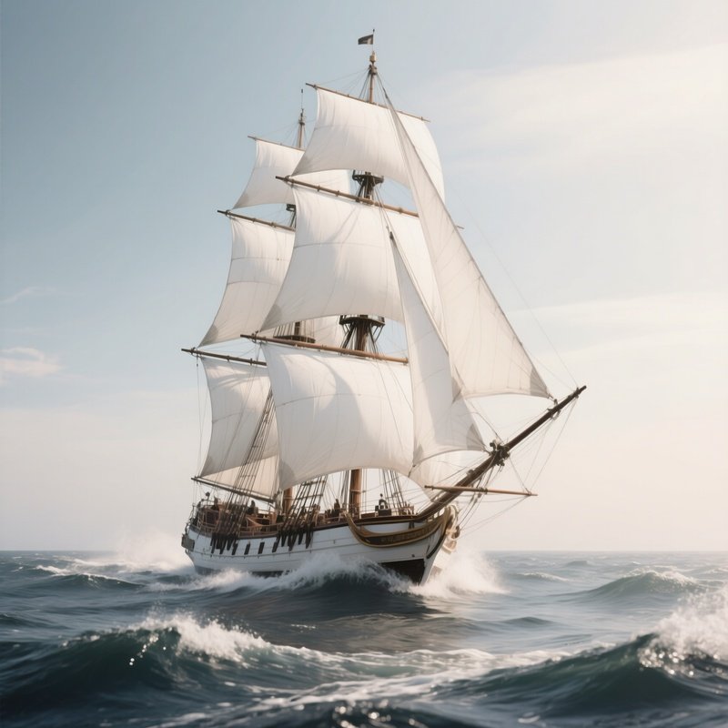 A Sailing Ship With Full White Sails Cutting Through Gentle Waves