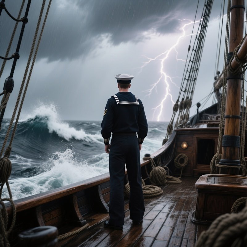 A Sailor In A Navy Peaked Cap Stands On The Deck Of An Old Wooden Ship, Waves Crashing Against The