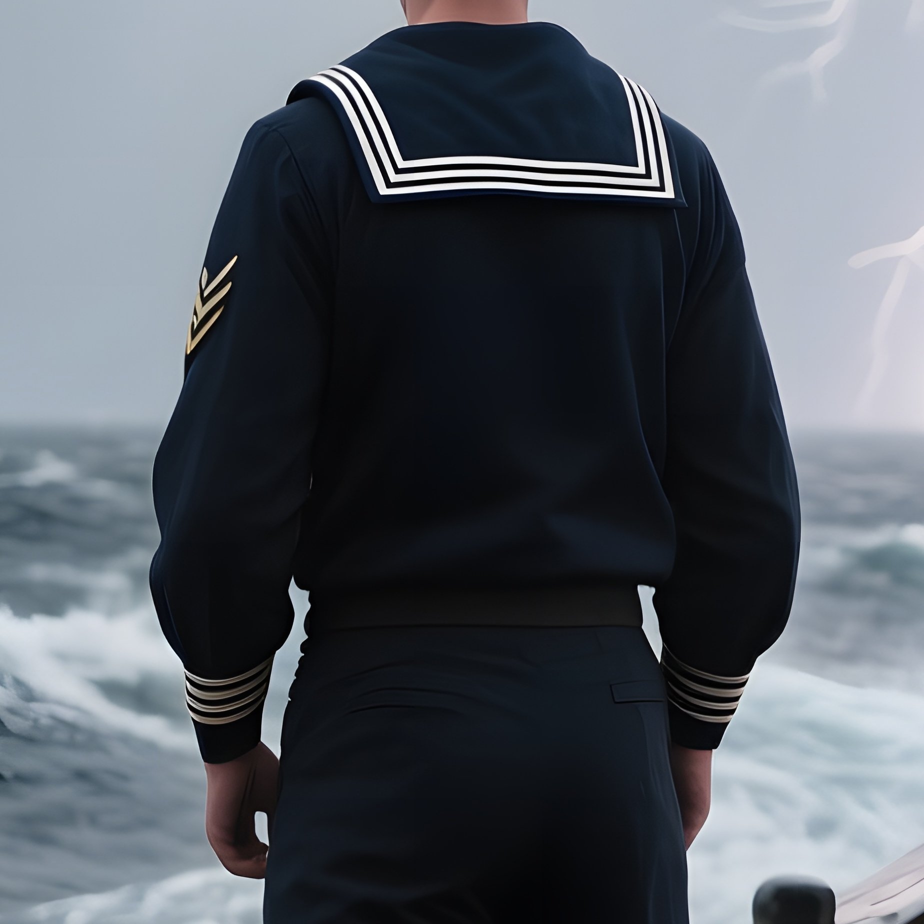 A Sailor In A Navy Peaked Cap Stands On The Deck Of An Old Wooden Ship, Waves Crashing Against The - Full Resolution Quality Preview