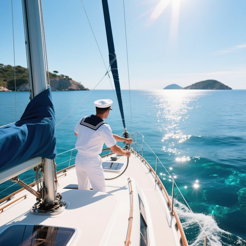 A Sailor In A White Cap Navigates A Sleek Yacht Through Crystal‑Clear Mediterranean Waters At Noon,