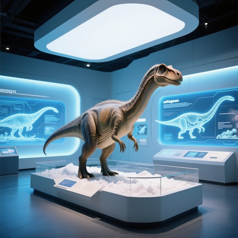 A Saltasaurus Dinosaur In A Futuristic Museum Exhibit